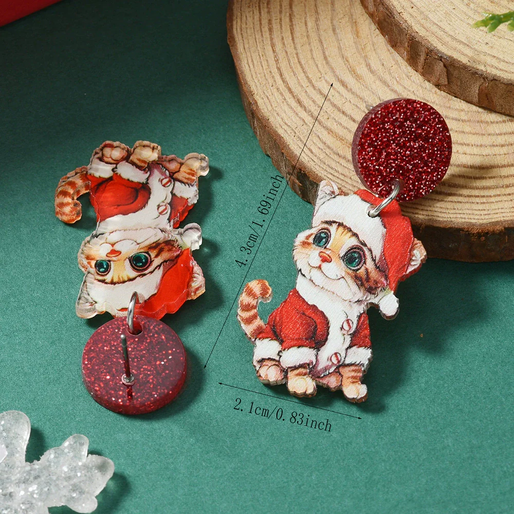 Acrylic Doublesided Earrings With Christmas Creative Santa Claus Snowman Kitten Snowflake And Flower Printing - Image 9
