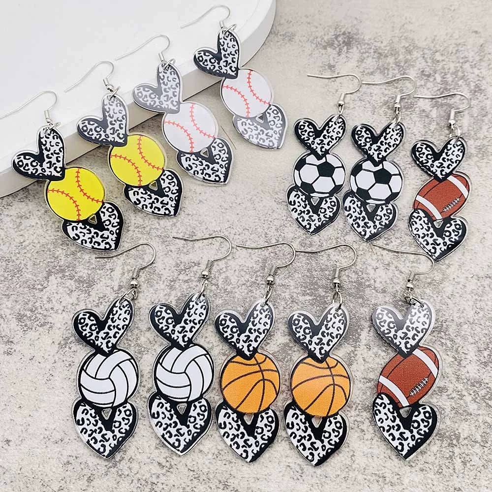 Acrylic Handmade Sports Earrings With Leopard Print Football Basketball Heart Cartoon Characters Ushape Geometric Letters Numbers Text Patterns For Women
