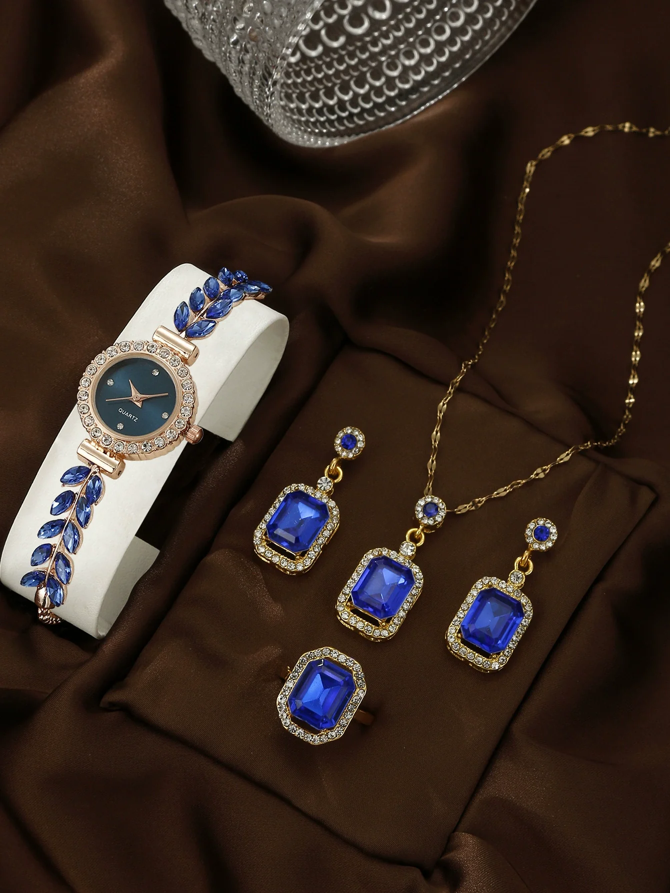 Allmatch Round Diamond Edge Leafshaped Alloy Quartz Jewelry Set For Women - Image 13