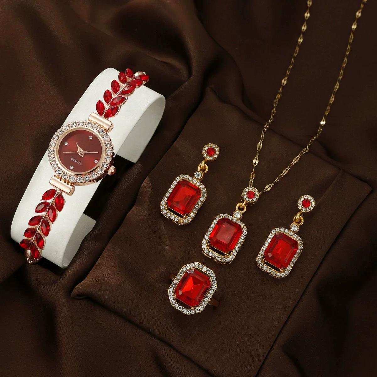 Allmatch Round Diamond Edge Leafshaped Alloy Quartz Jewelry Set For Women - Image 2