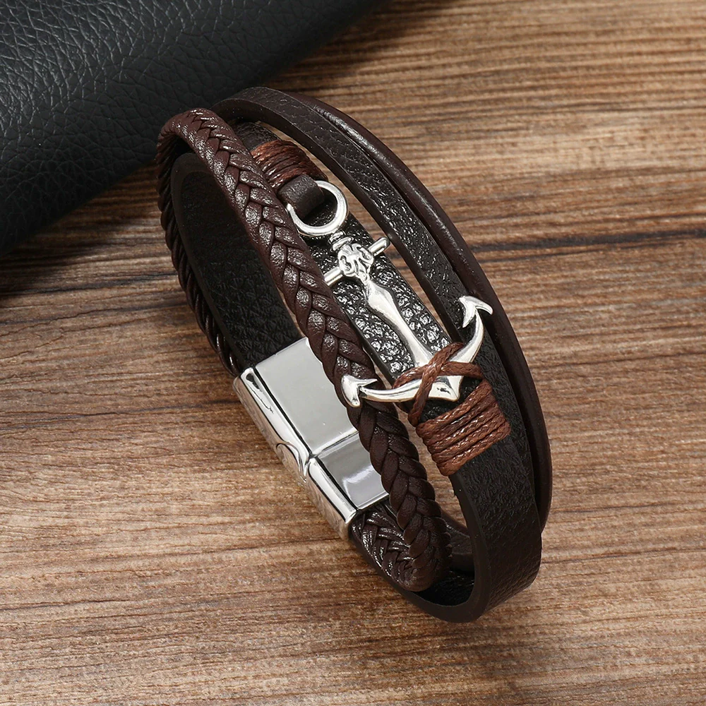 Alloy Anchor Leather Bracelet Handmade Retro Style For Men - Image 5