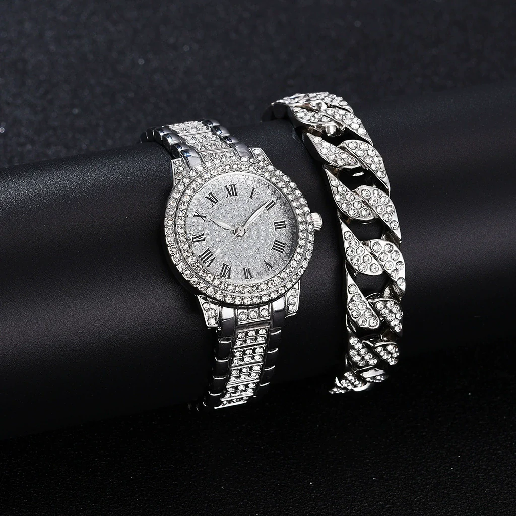 Alloy Band Quartz Watch With Roman Literal And Full Diamond For Women Leisure Style Round Dial - Image 10