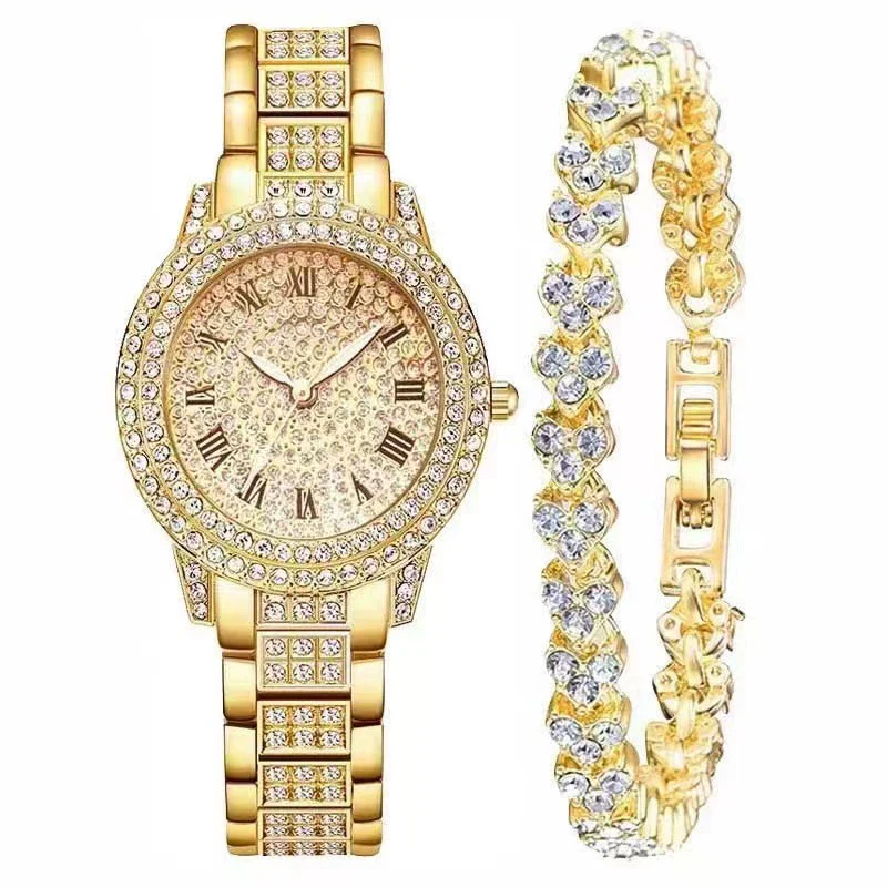 Alloy Band Quartz Watch With Roman Literal And Full Diamond For Women Leisure Style Round Dial - Image 23