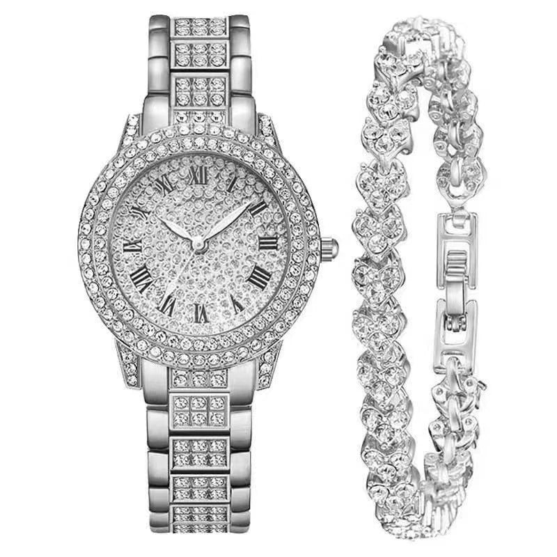 Alloy Band Quartz Watch With Roman Literal And Full Diamond For Women Leisure Style Round Dial - Image 24