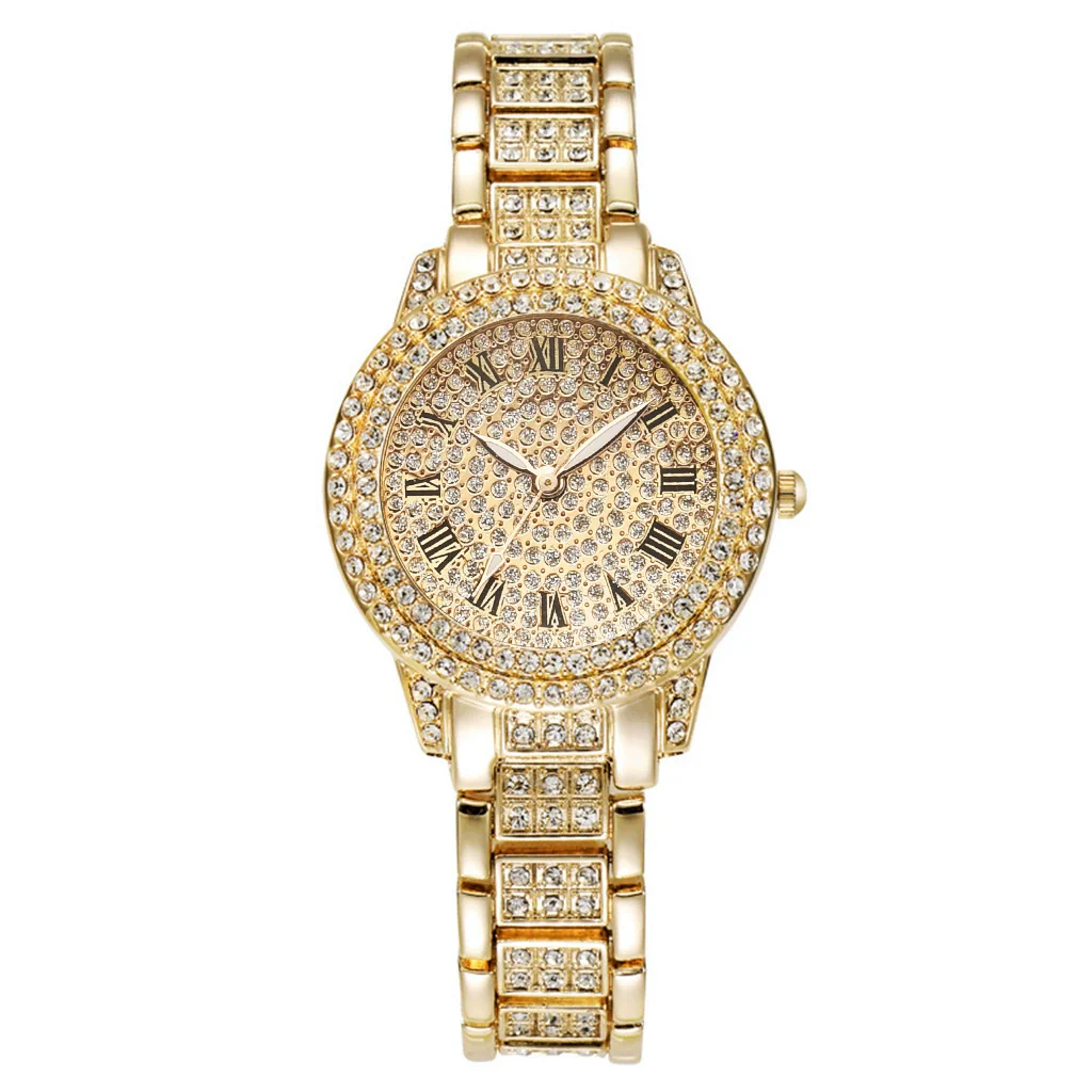Alloy Band Quartz Watch With Roman Literal And Full Diamond For Women Leisure Style Round Dial - Image 4