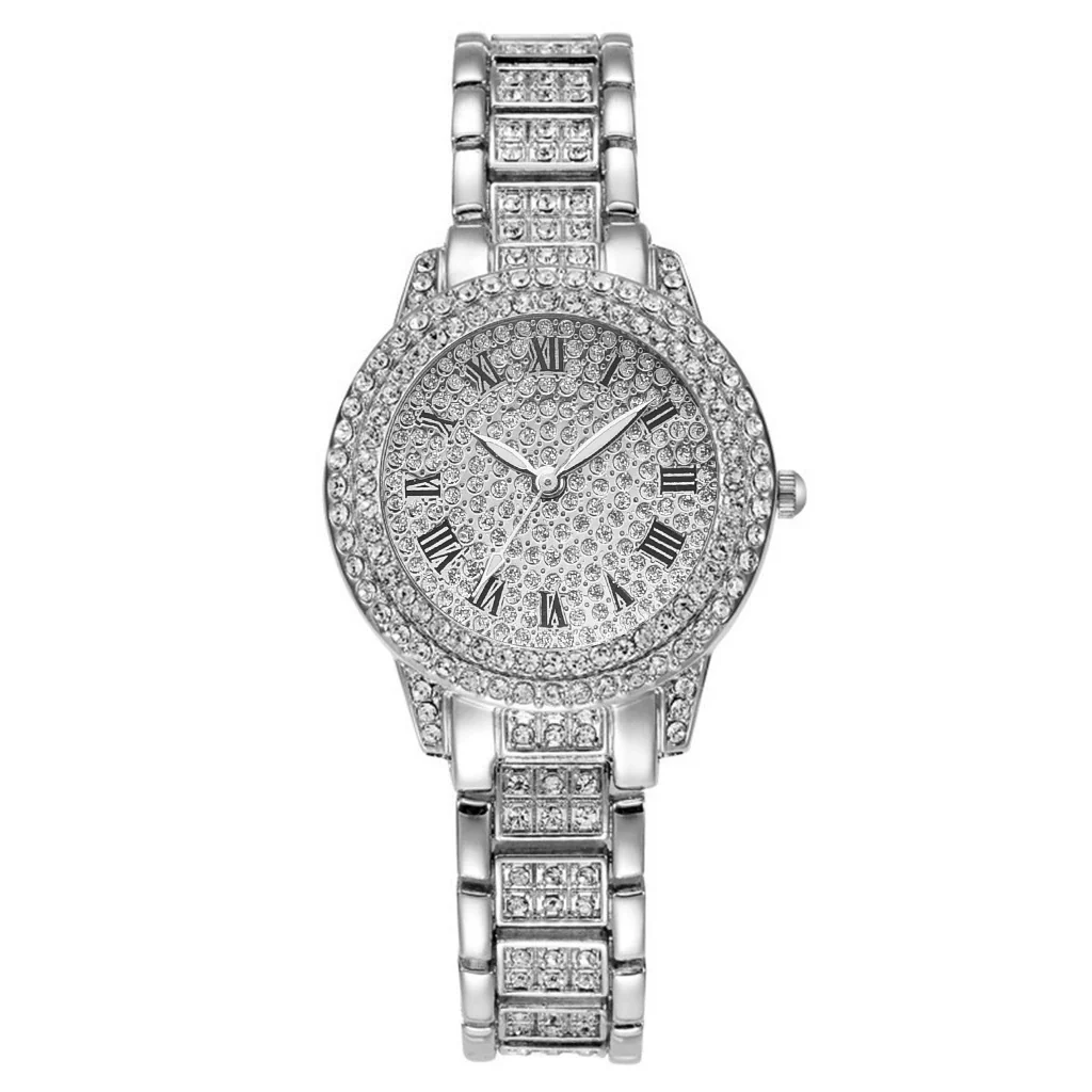 Alloy Band Quartz Watch With Roman Literal And Full Diamond For Women Leisure Style Round Dial - Image 7