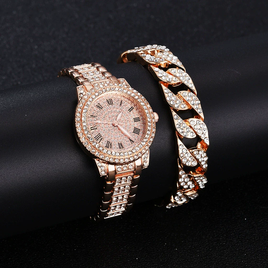 Alloy Band Quartz Watch With Roman Literal And Full Diamond For Women Leisure Style Round Dial - Image 9