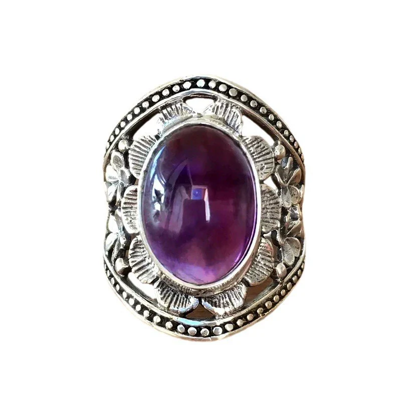 Alloy Bohemian Distressed Ring With Carved Flower And Leaf Pattern For Women - Image 5