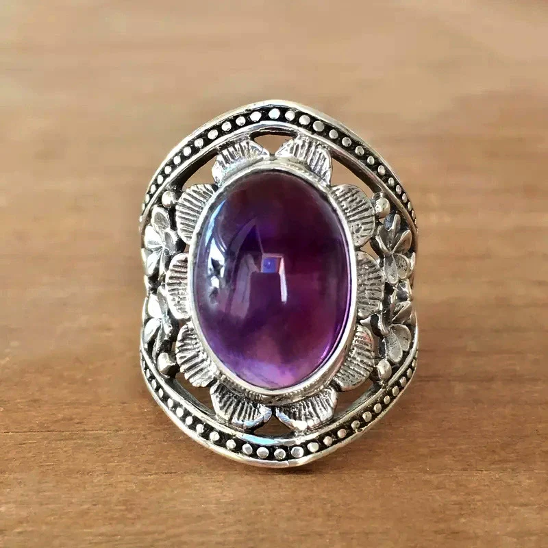Alloy Bohemian Distressed Ring With Carved Flower And Leaf Pattern For Women - Image 6