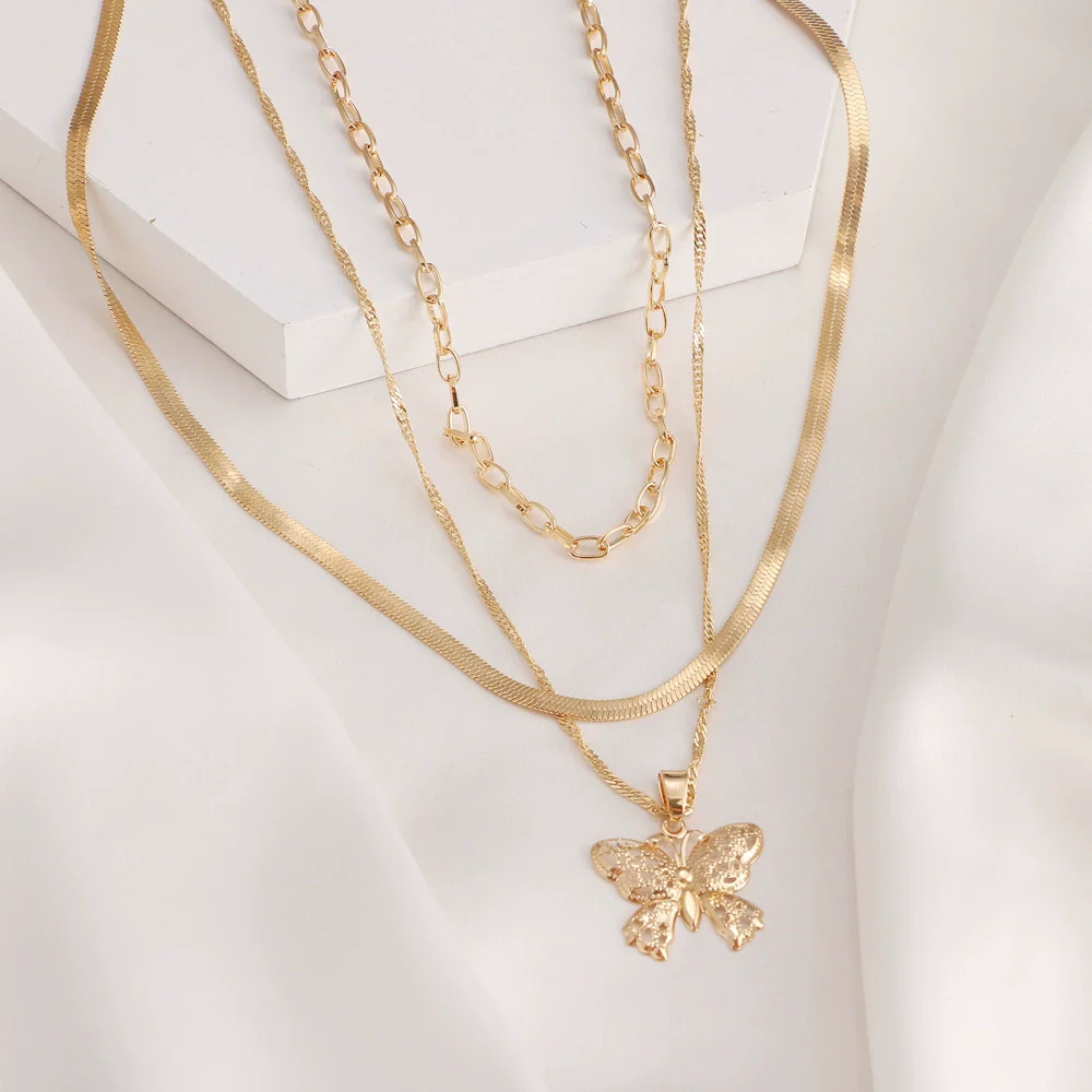 Alloy Butterfly Pendant Multilayer Snake Bone Chain Necklace With Electroplating - Image 3