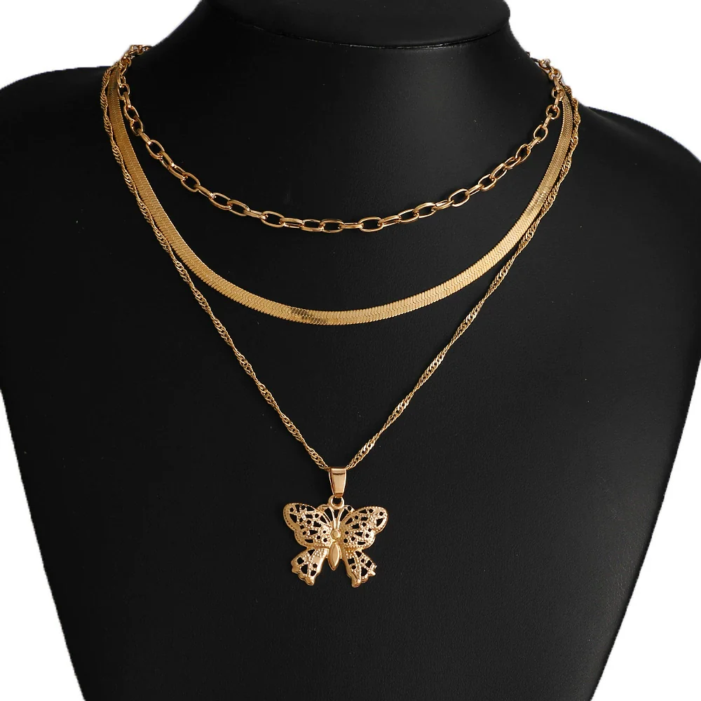 Alloy Butterfly Pendant Multilayer Snake Bone Chain Necklace With Electroplating - Image 4