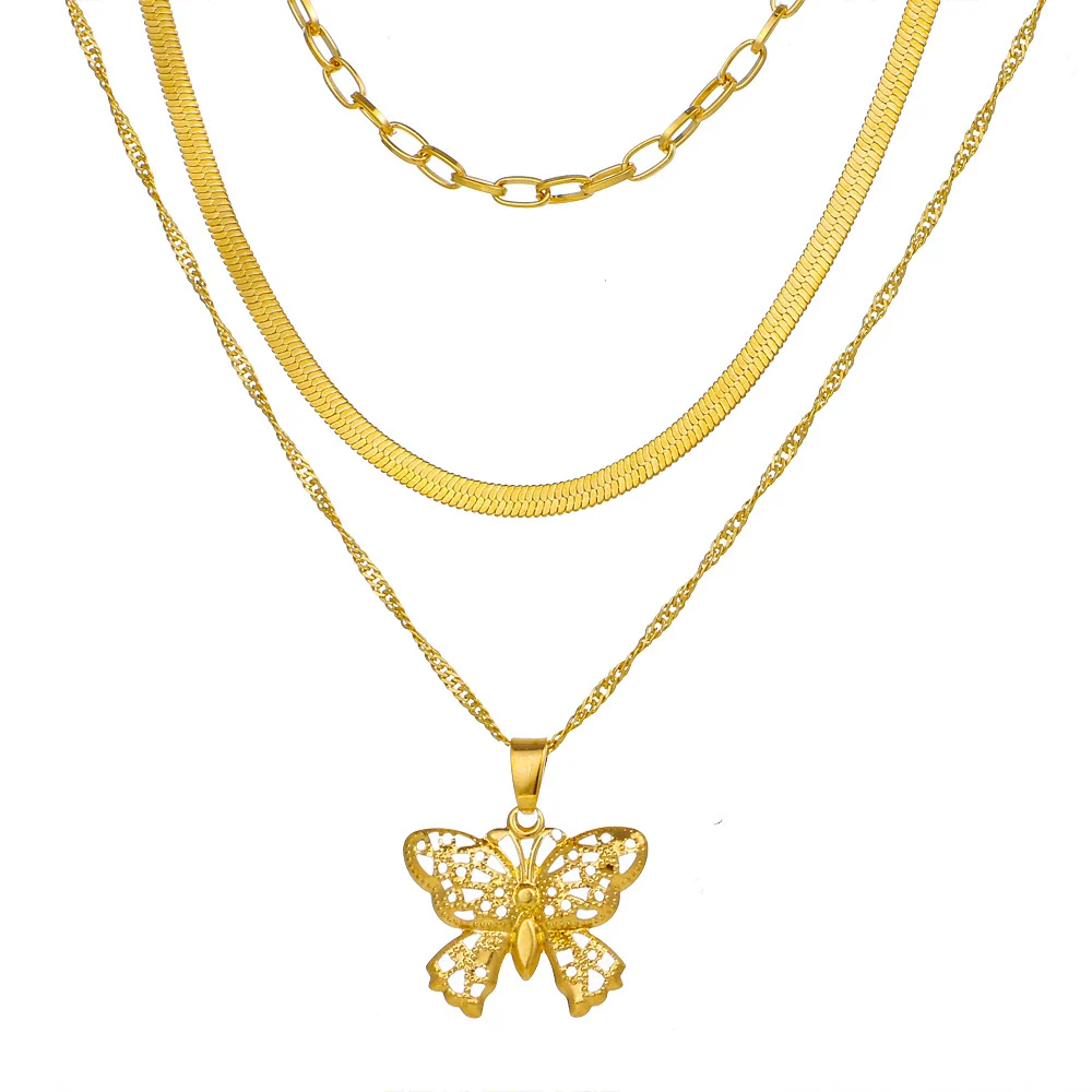 Alloy Butterfly Pendant Multilayer Snake Bone Chain Necklace With Electroplating - Image 5