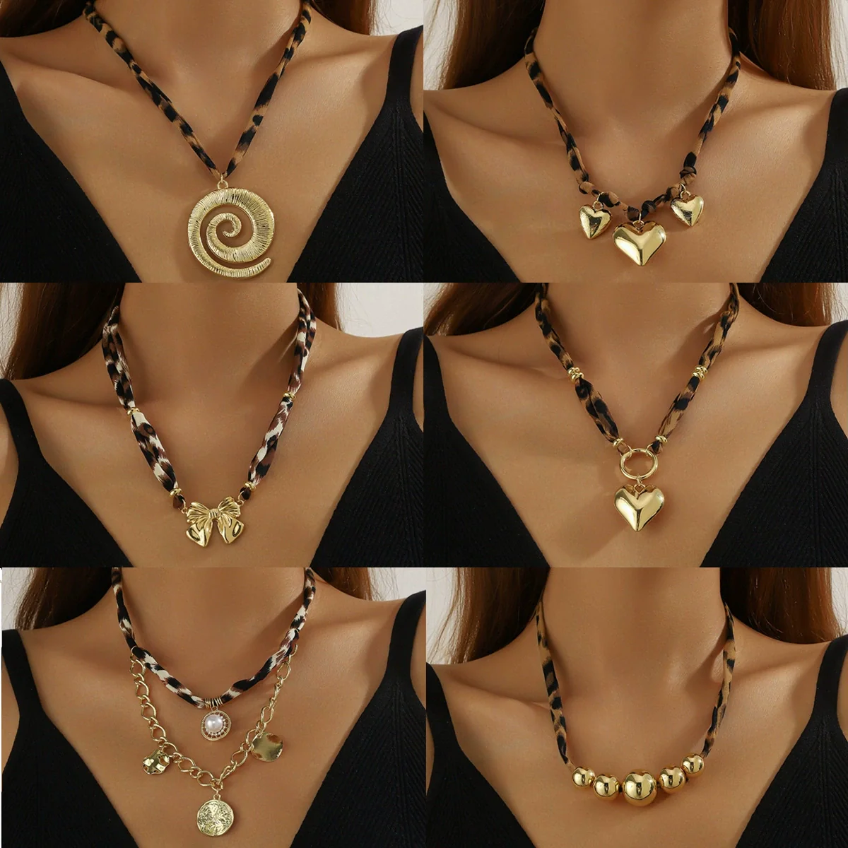 Alloy Clavicle Chain With Heart Shape Pendant Electroplated Leopard Print For Women