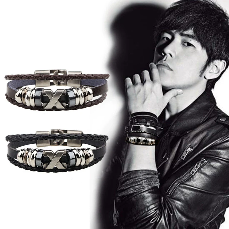 Alloy Cowhide And Pu Leather Woven Bracelet With Geometric Pattern Retro Style Electroplated Accessories
