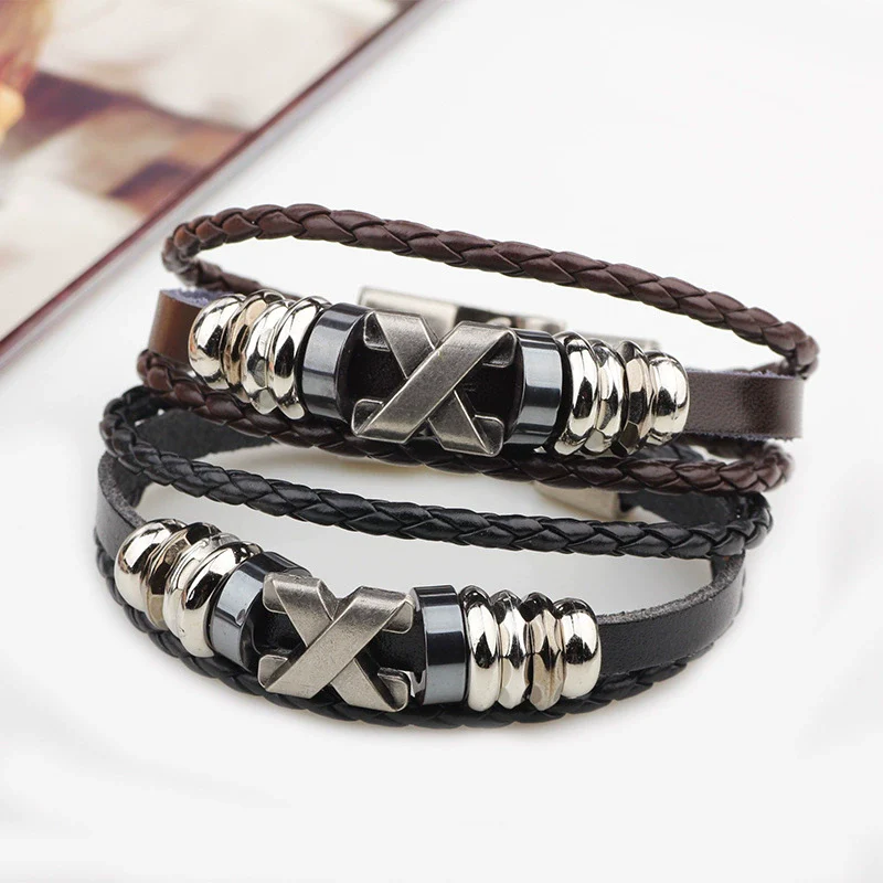 Alloy Cowhide And Pu Leather Woven Bracelet With Geometric Pattern Retro Style Electroplated Accessories - Image 2
