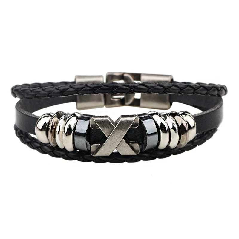Alloy Cowhide And Pu Leather Woven Bracelet With Geometric Pattern Retro Style Electroplated Accessories - Image 4