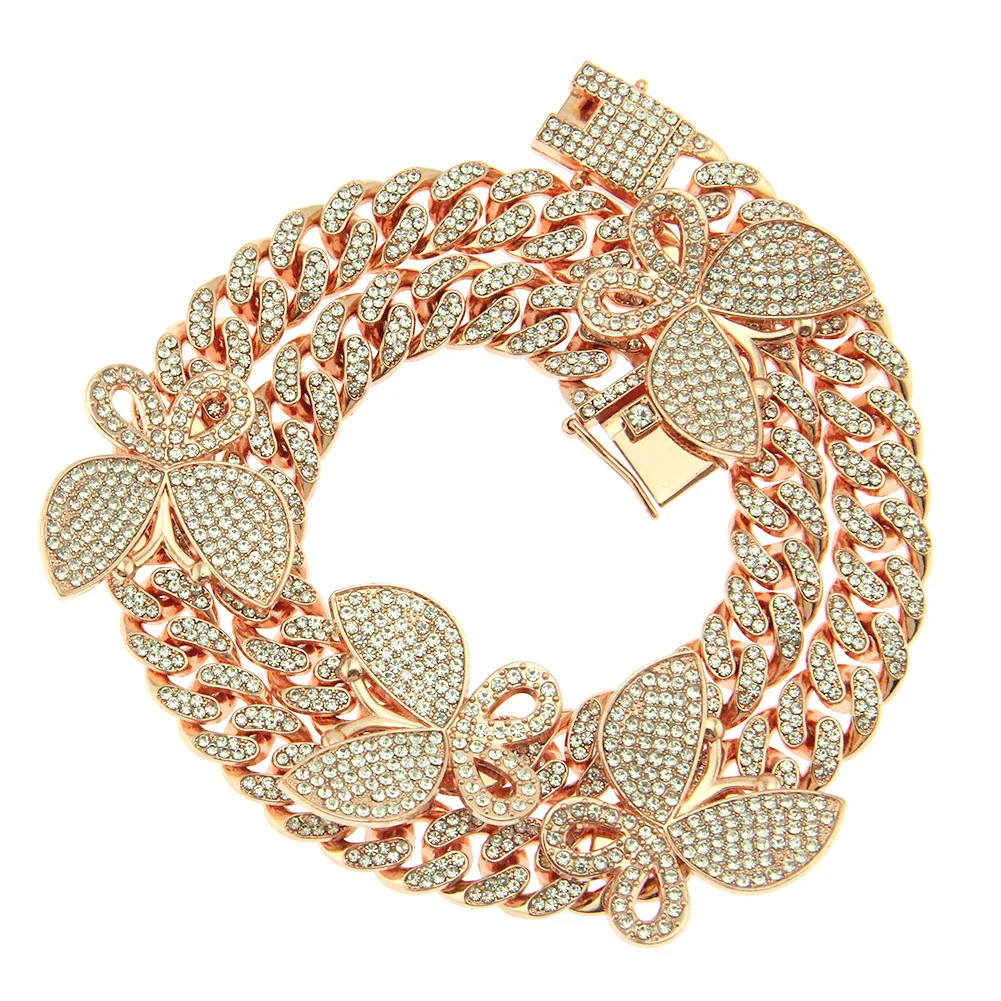 Alloy Cuban Chain Necklace With Diamond Inlay And Butterfly Pattern Hip Hop Style Unisex