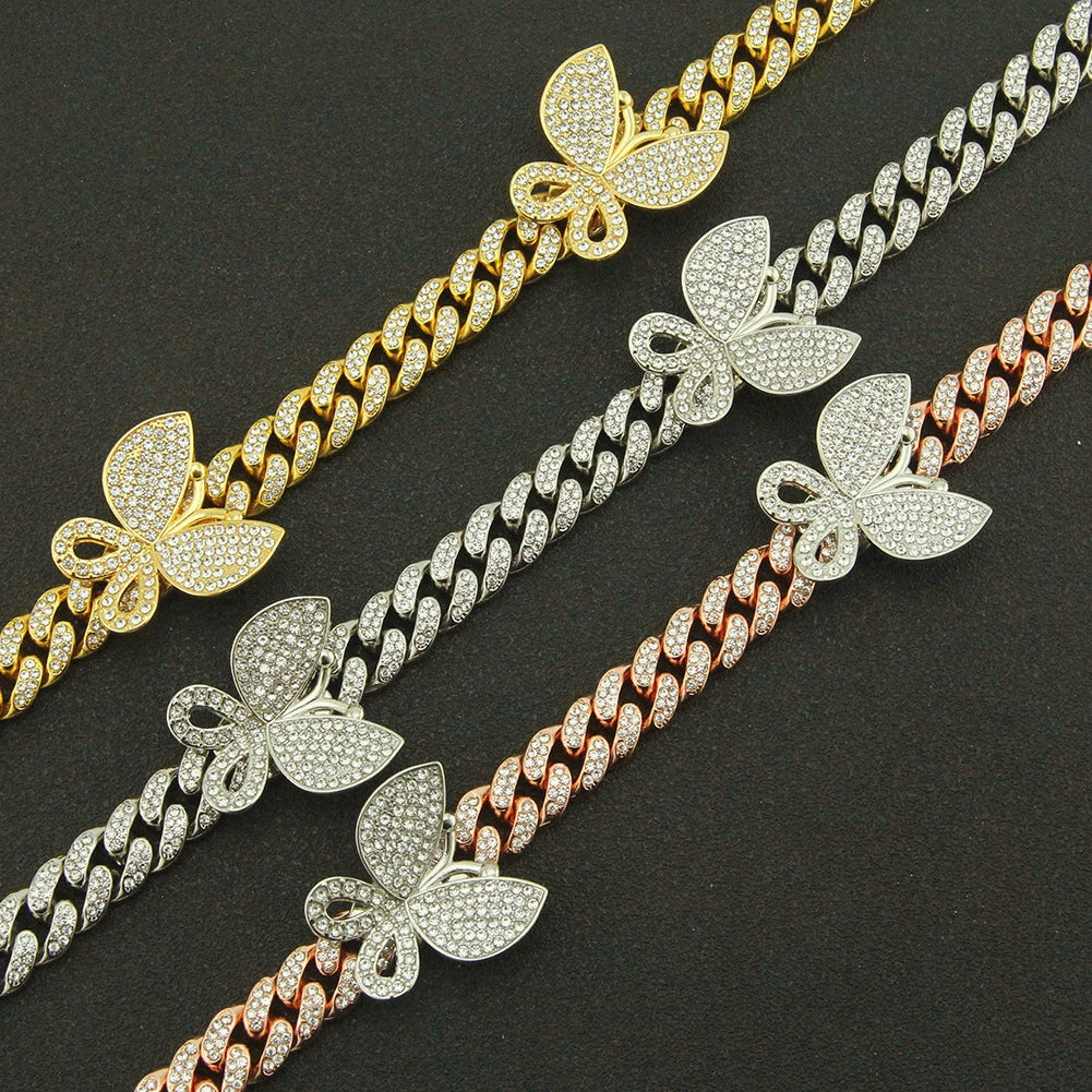 Alloy Cuban Chain Necklace With Diamond Inlay And Butterfly Pattern Hip Hop Style Unisex - Image 3