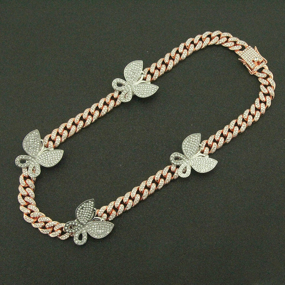 Alloy Cuban Chain Necklace With Diamond Inlay And Butterfly Pattern Hip Hop Style Unisex - Image 4