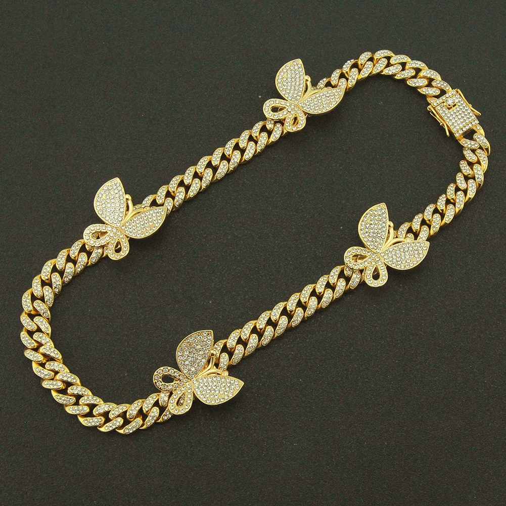 Alloy Cuban Chain Necklace With Diamond Inlay And Butterfly Pattern Hip Hop Style Unisex - Image 6