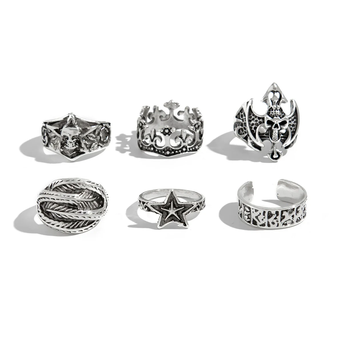 Alloy Dark Punk Retro Joint Ring Set With Carved Bat And Geometric Pattern For Couple - Image 5