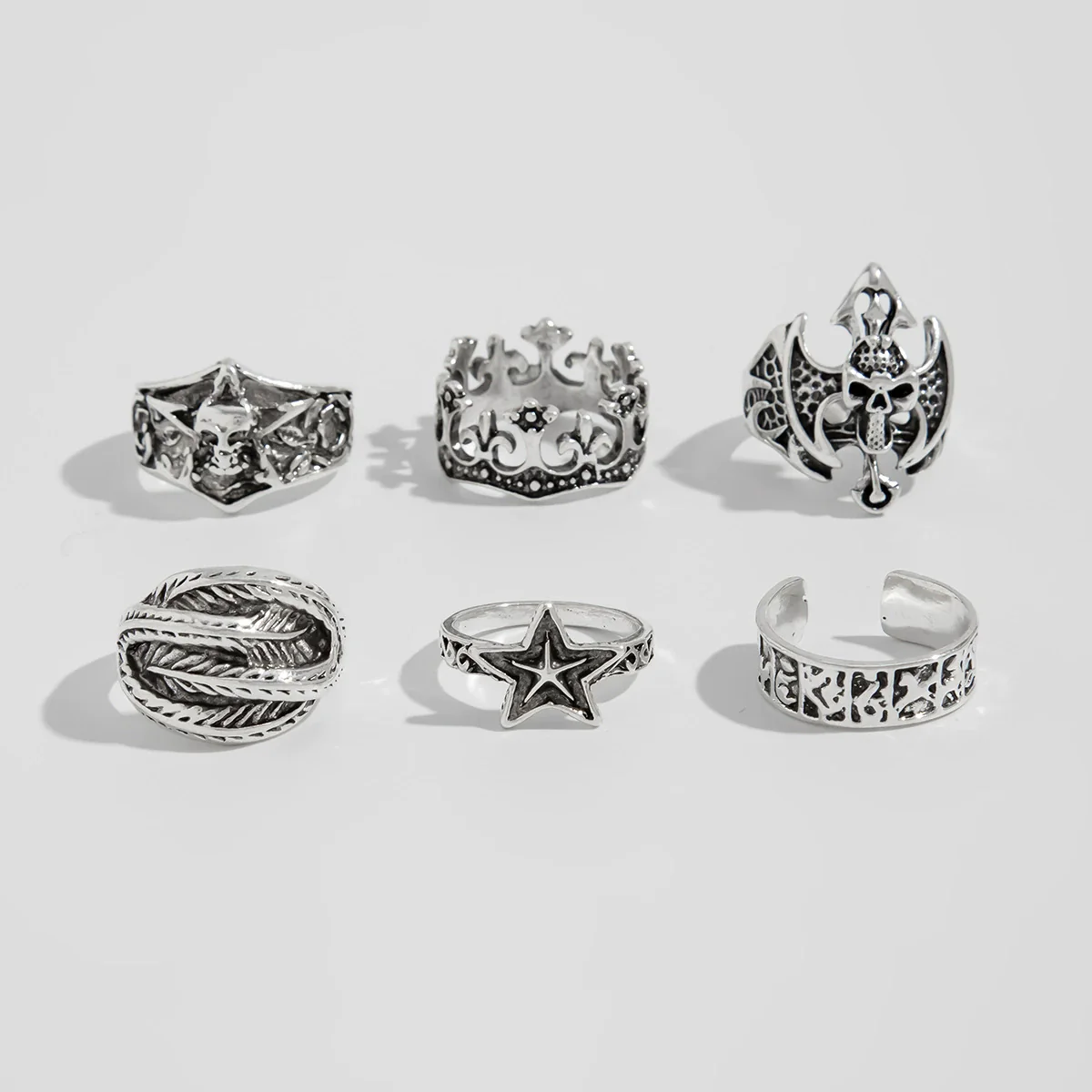 Alloy Dark Punk Retro Joint Ring Set With Carved Bat And Geometric Pattern For Couple - Image 6