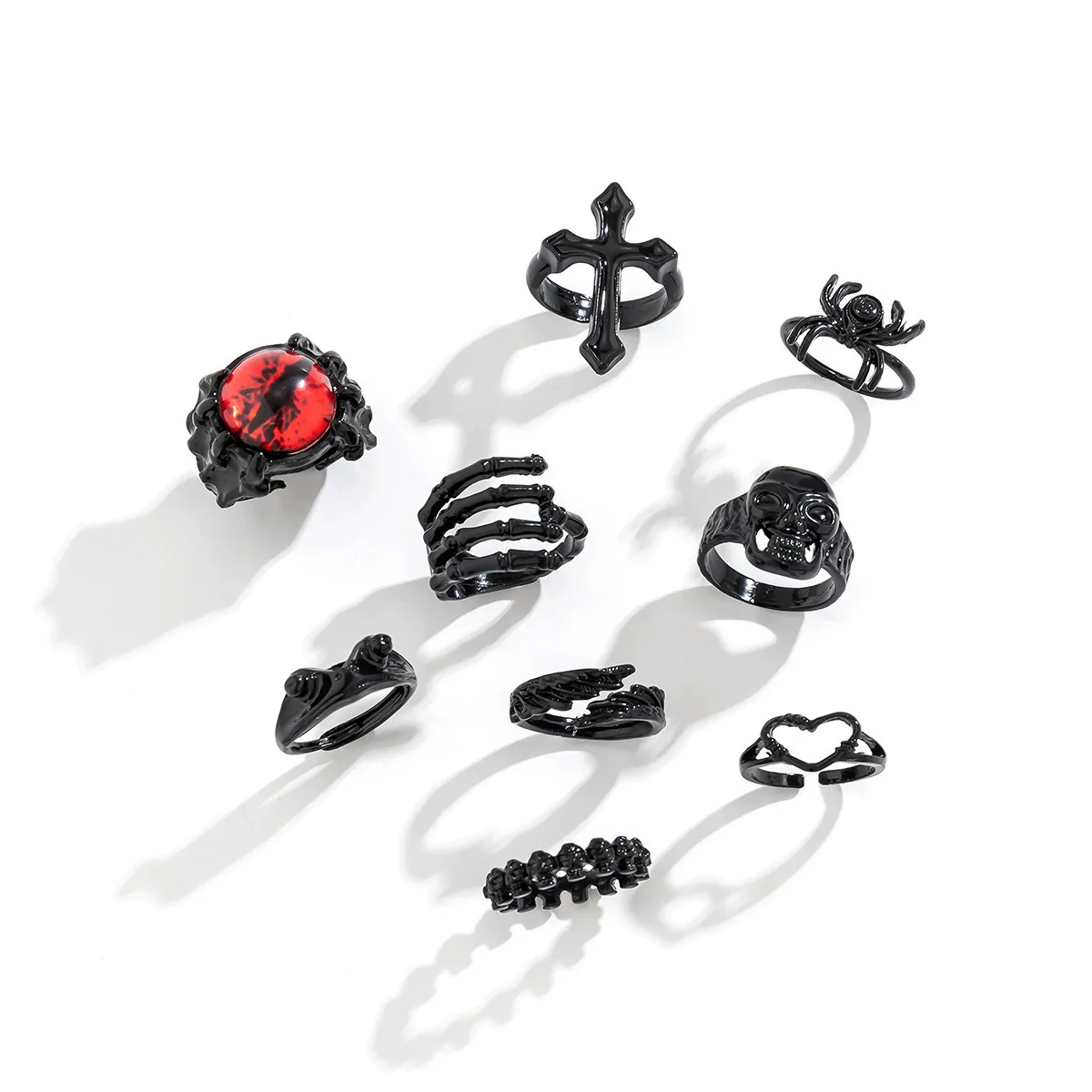 Alloy Dark Punk Retro Joint Ring Set With Carved Bat And Geometric Pattern For Couple - Image 7