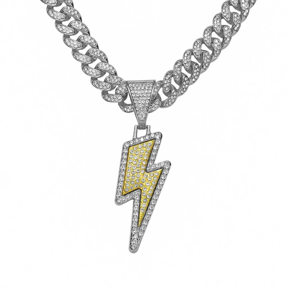 Alloy Diamond Hiphop Style Geometric Lightning Pendant Cuban Chain Necklace For Men - Image 5