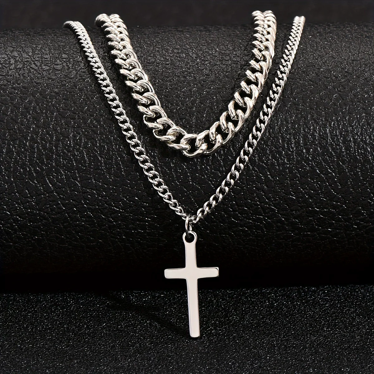 Alloy Double Layer Cross Pendant Necklace With Regular Chain Geometric Style Electroplating Treatment U Shape