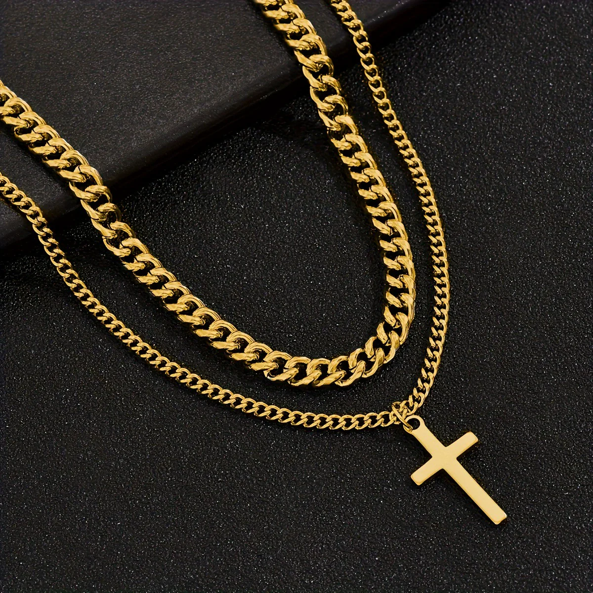 Alloy Double Layer Cross Pendant Necklace With Regular Chain Geometric Style Electroplating Treatment U Shape - Image 2