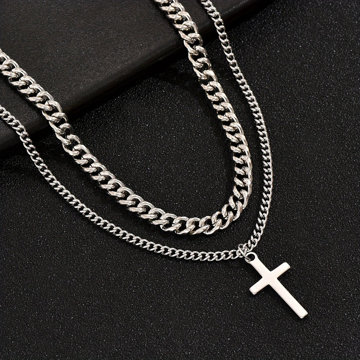 Alloy Double Layer Cross Pendant Necklace With Regular Chain Geometric Style Electroplating Treatment U Shape - Image 3