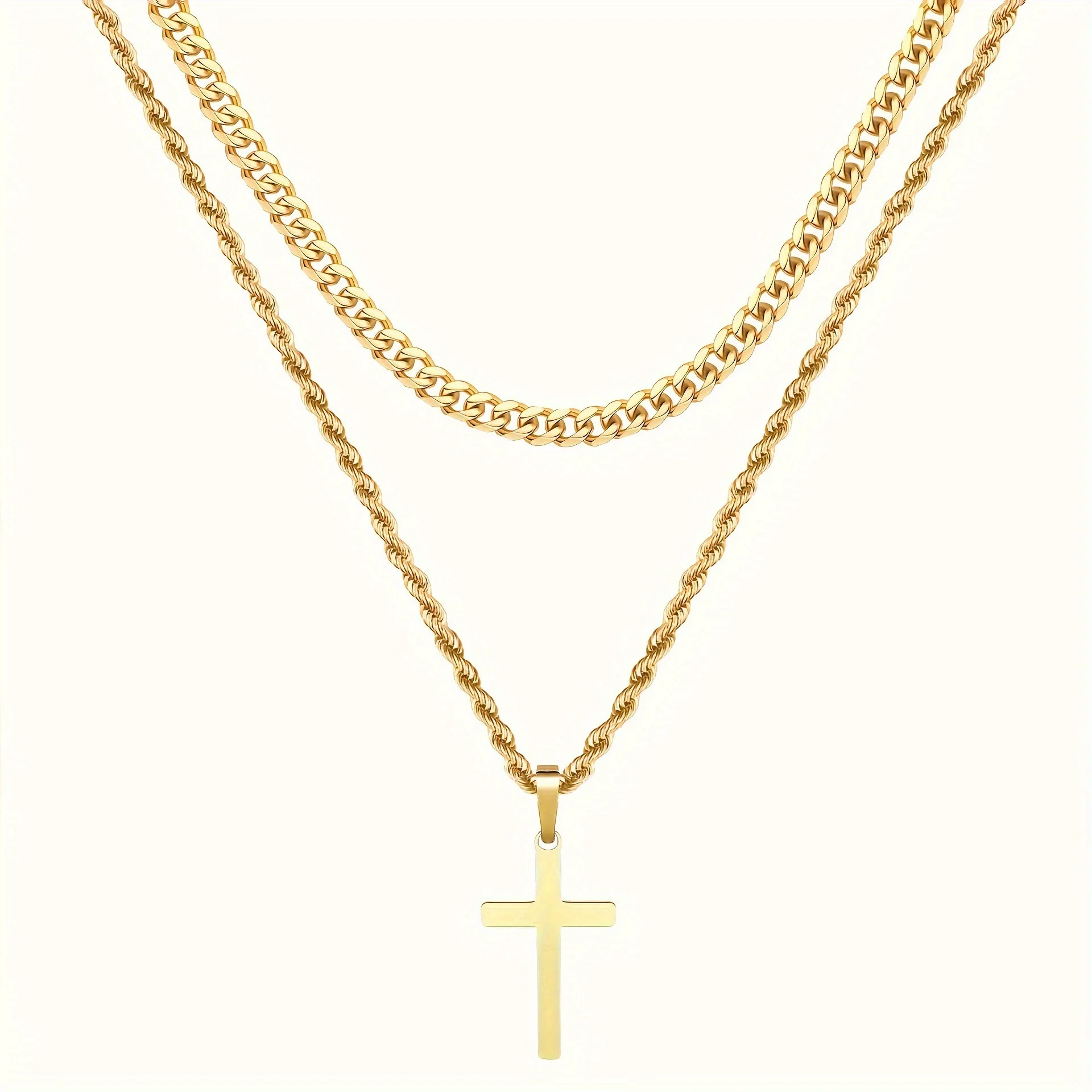 Alloy Double Layer Cross Pendant Necklace With Regular Chain Geometric Style Electroplating Treatment U Shape - Image 5