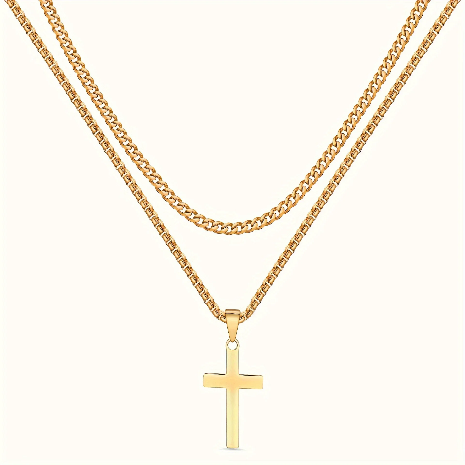 Alloy Double Layer Cross Pendant Necklace With Regular Chain Geometric Style Electroplating Treatment U Shape - Image 7