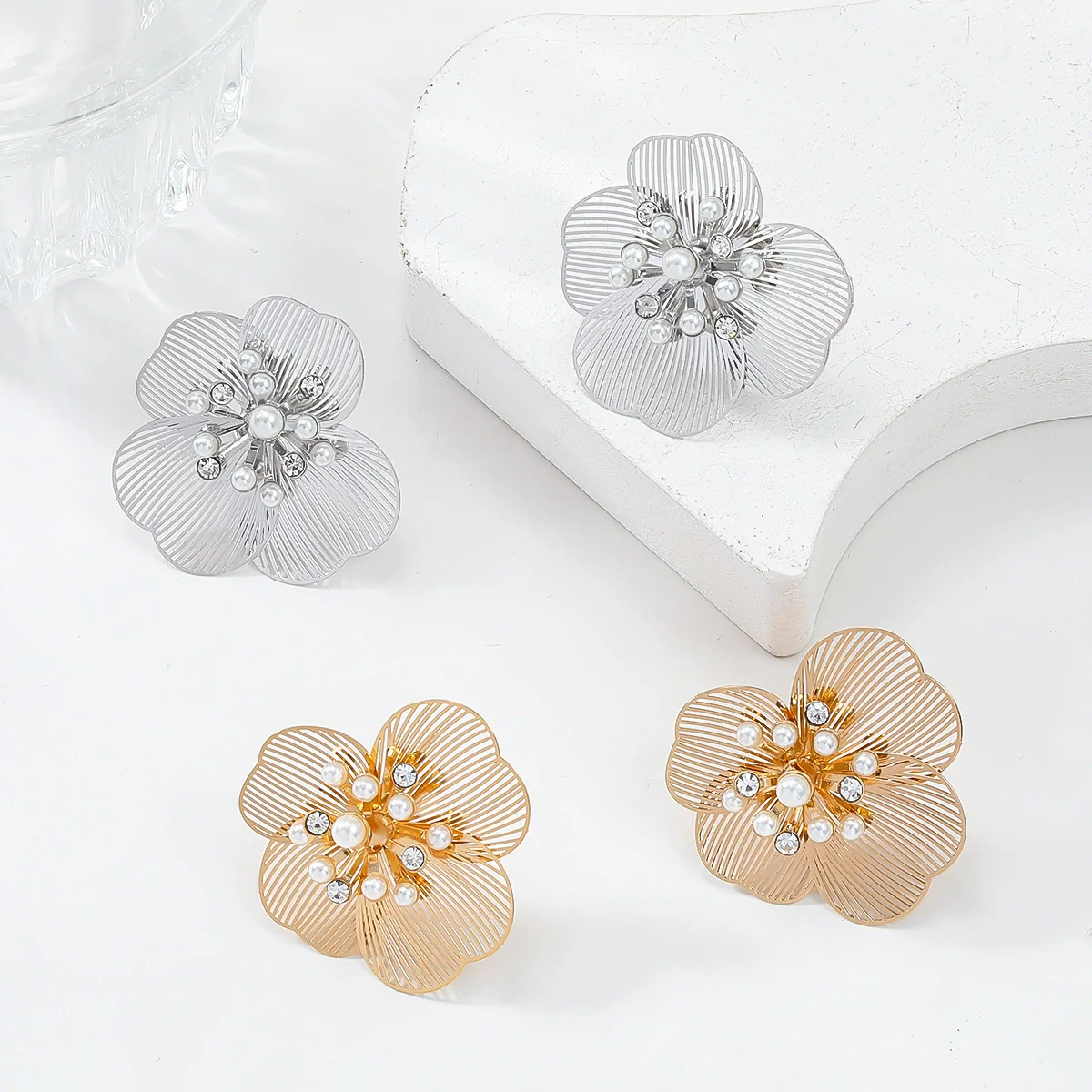 Alloy Flower Stud Earrings For Women Set With Pearls