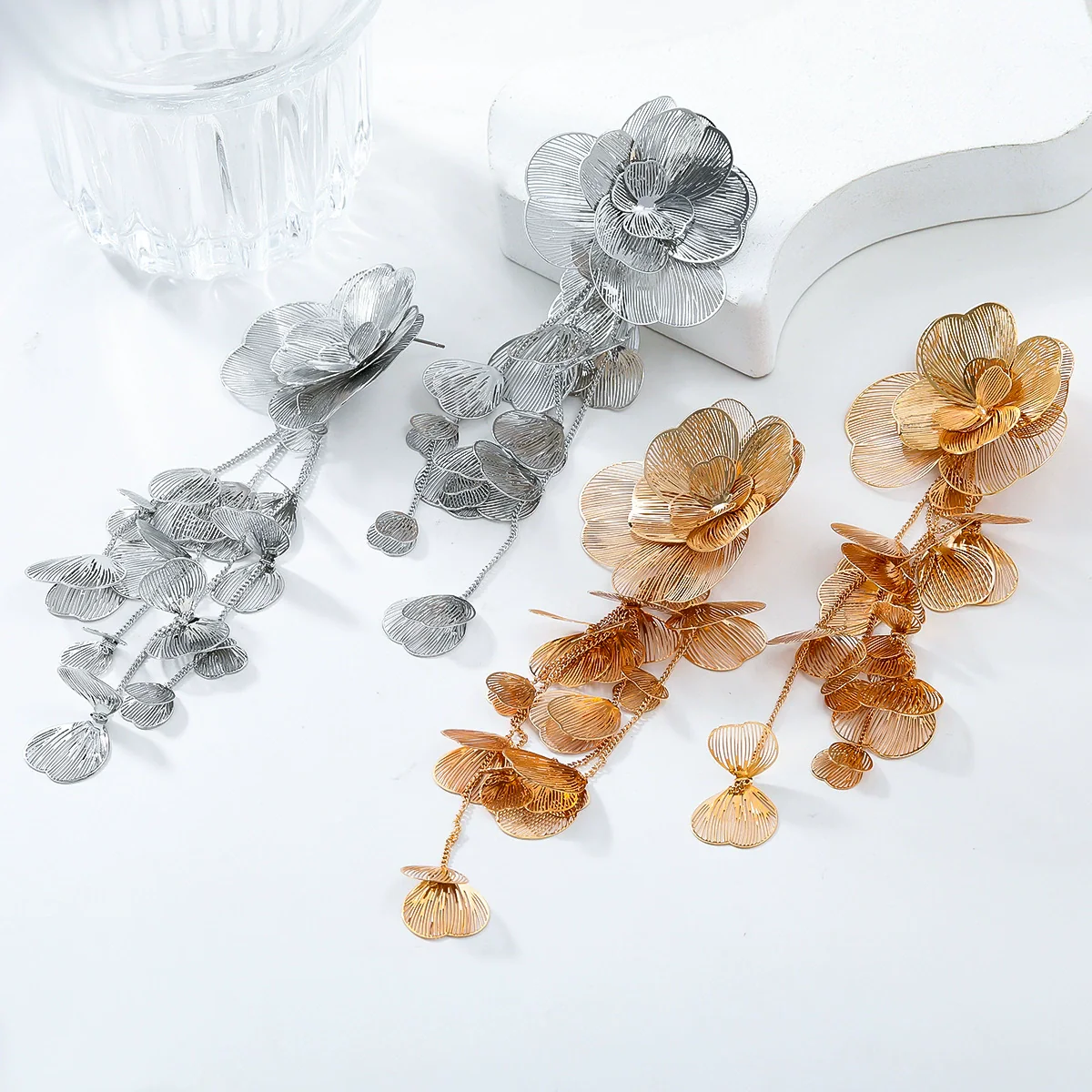 Alloy Flower Women's Light Luxury Multilayer Exaggerated Earrings With Electroplating