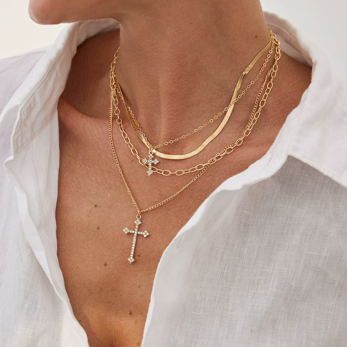 Alloy Geometric Cross Pendant Necklace With Snake Bone Chain Electroplating Hiphop Design For Women - Image 2