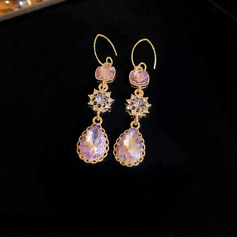 Alloy Geometric Drop Shape Zircon Earrings Set With Diamonds Retro Elegant Style