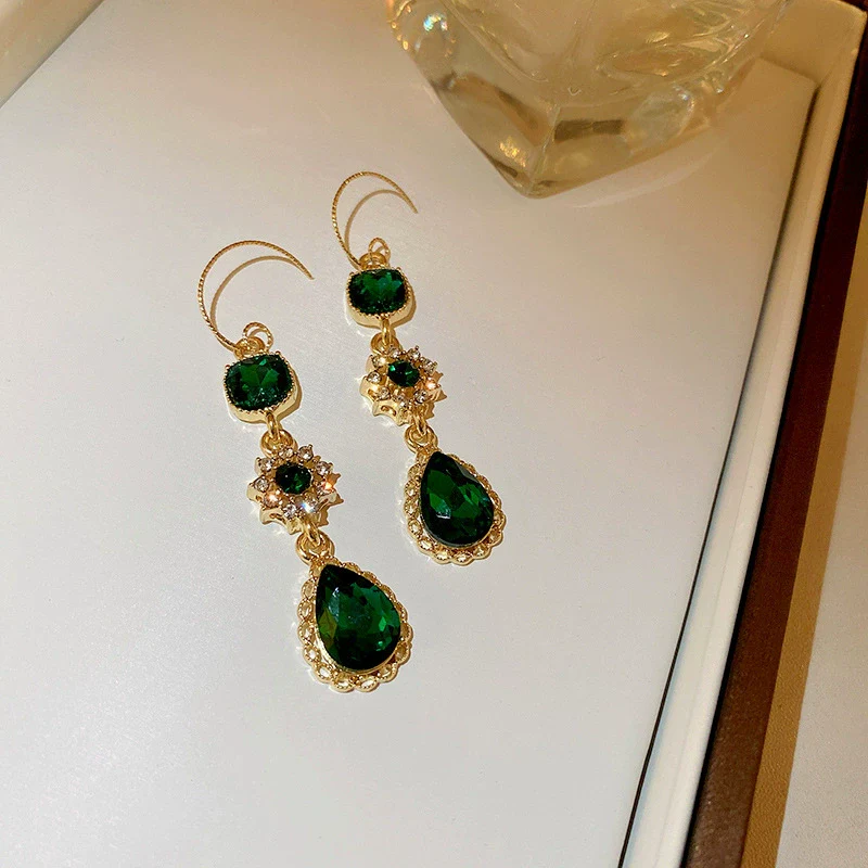 Alloy Geometric Drop Shape Zircon Earrings Set With Diamonds Retro Elegant Style - Image 7