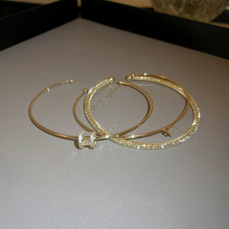 Alloy Geometric Light Luxury Style Electroplated Zircon Circle Letter Open Bracelet - Image 6