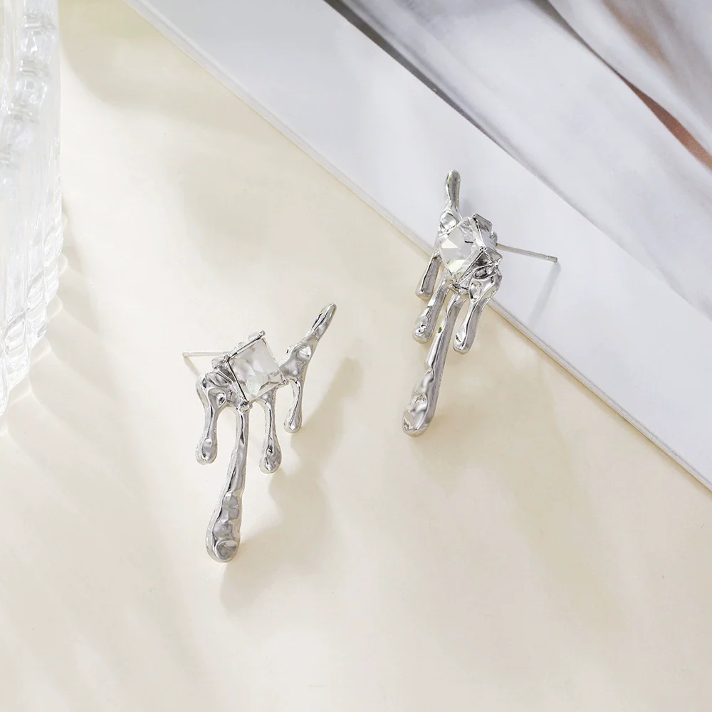 Alloy Geometric Square Diamond Dripping Wax Earrings Electroplating Women's Highend Cold Style