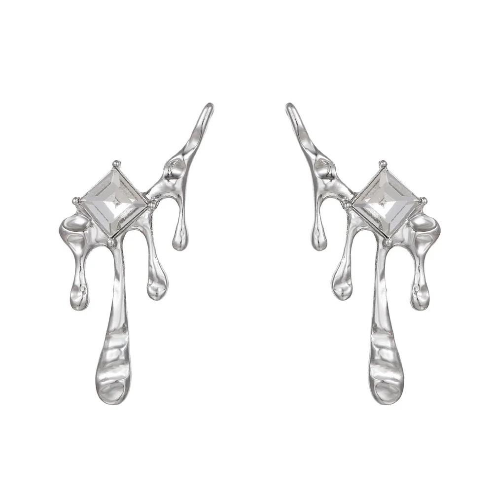 Alloy Geometric Square Diamond Dripping Wax Earrings Electroplating Women's Highend Cold Style - Image 4