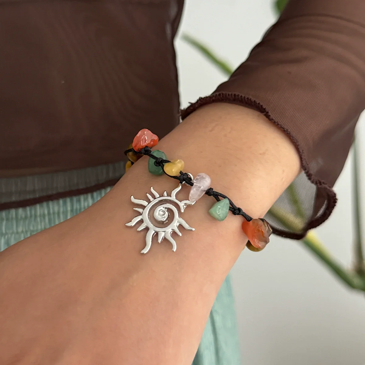 Alloy Handmade Bohemian Asymmetrical Colorful Gravel Beaded Spiral Star Shaped Geometric Patterned Women's Bracelet - Image 7