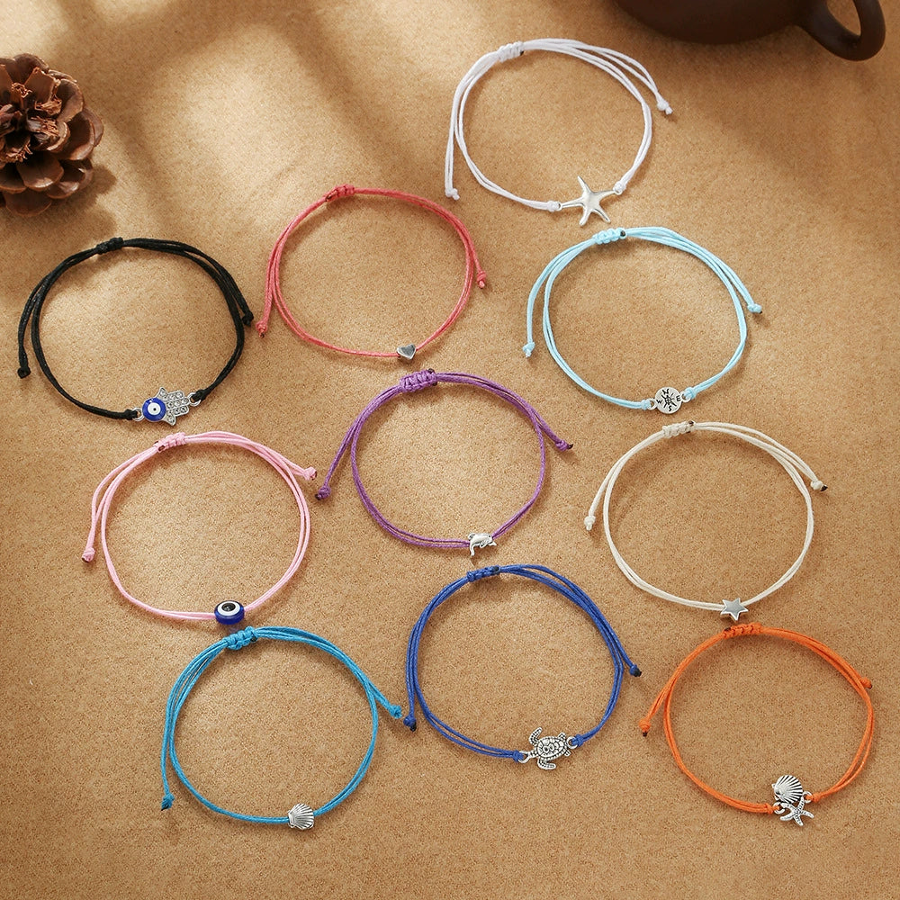 Alloy Handmade Heart Shape Turtle Compass Shell Love Starfish Evil Eye Woven Unisex Anklet Bracelet