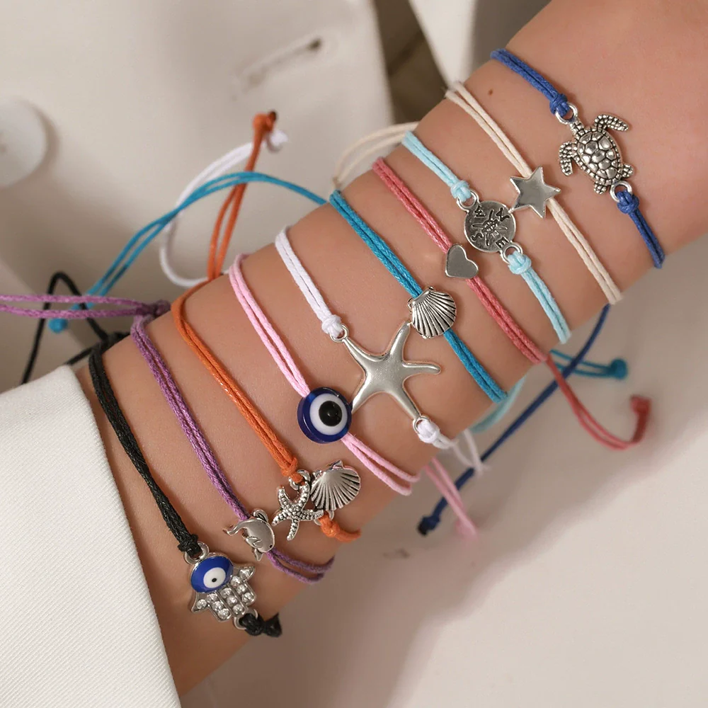 Alloy Handmade Heart Shape Turtle Compass Shell Love Starfish Evil Eye Woven Unisex Anklet Bracelet - Image 3