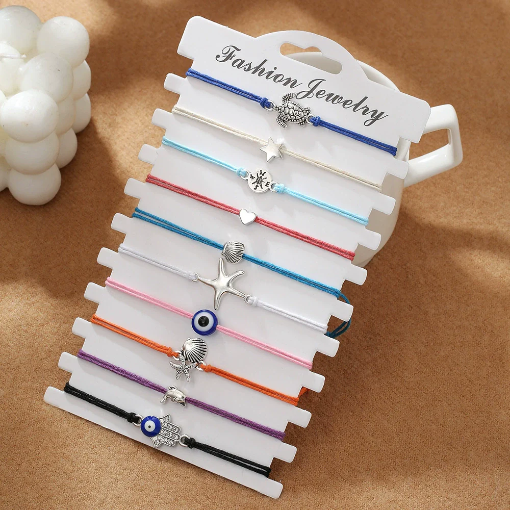 Alloy Handmade Heart Shape Turtle Compass Shell Love Starfish Evil Eye Woven Unisex Anklet Bracelet - Image 4