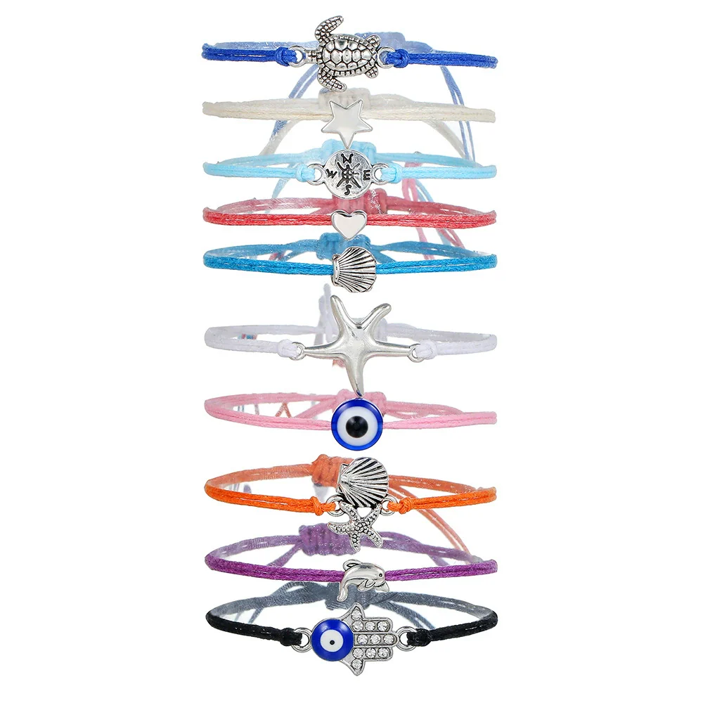 Alloy Handmade Heart Shape Turtle Compass Shell Love Starfish Evil Eye Woven Unisex Anklet Bracelet - Image 5