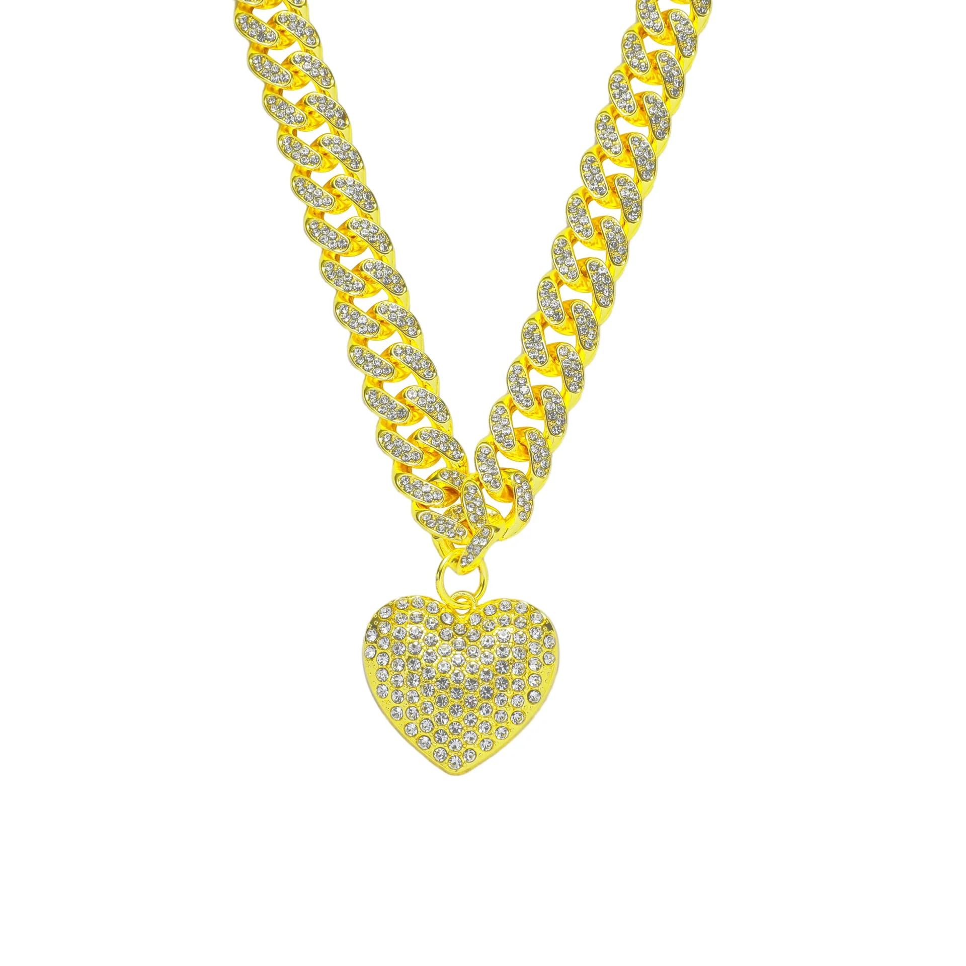 Alloy Heart Pendant Cuban Chain Hiphop Necklace With Diamond And Geometric Design - Image 6