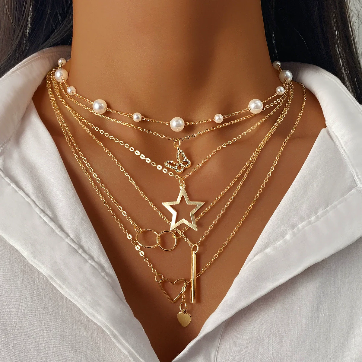 Alloy Heart Shape Butterfly Tassel Pendant Stacked Suit O Chain Necklace For Women Electroplated Jewelry