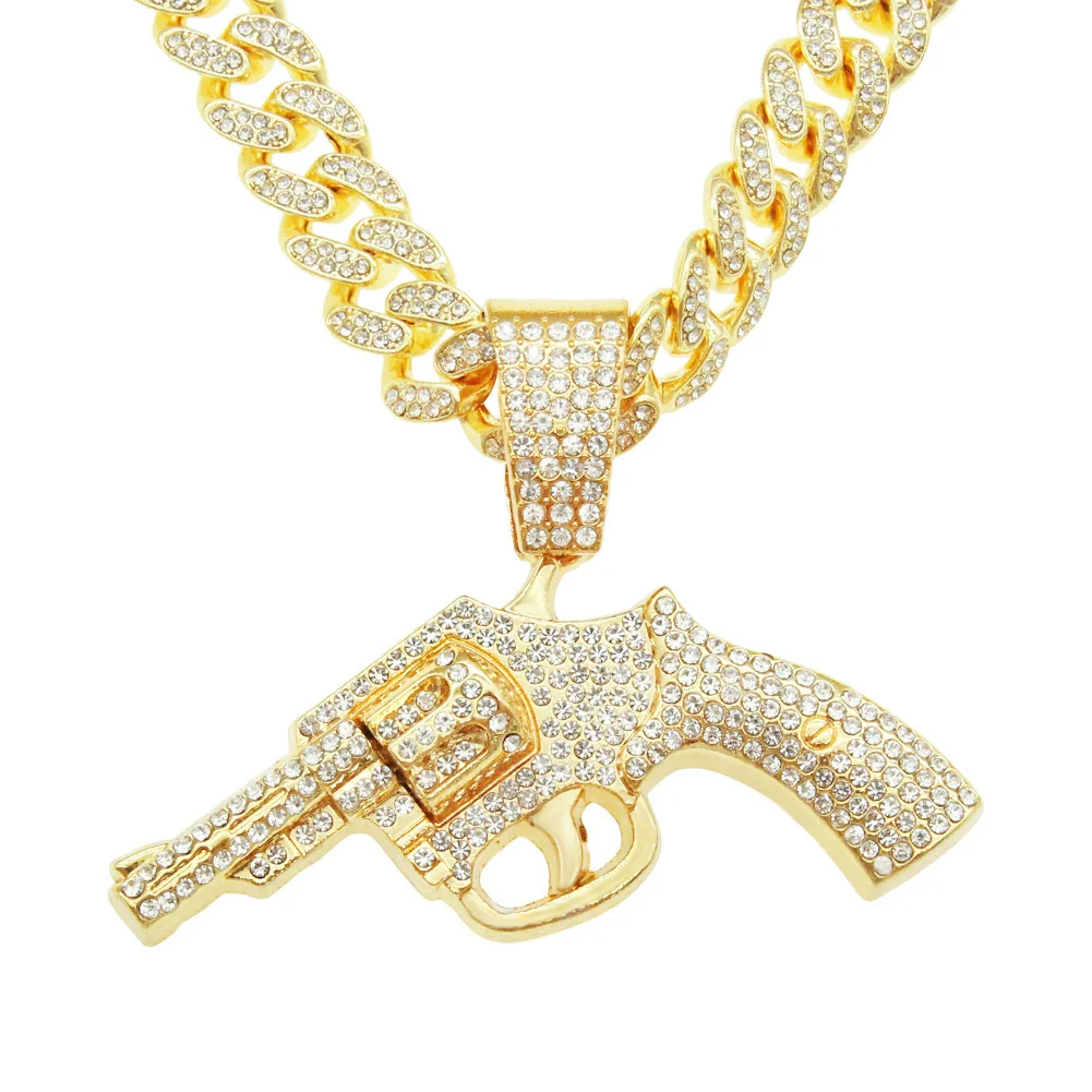 Alloy Hip Hop Geometric Diamond Gun Pendant Cuban Chain Necklace For Hipster Street Dance Motorcycle Wear Accessories