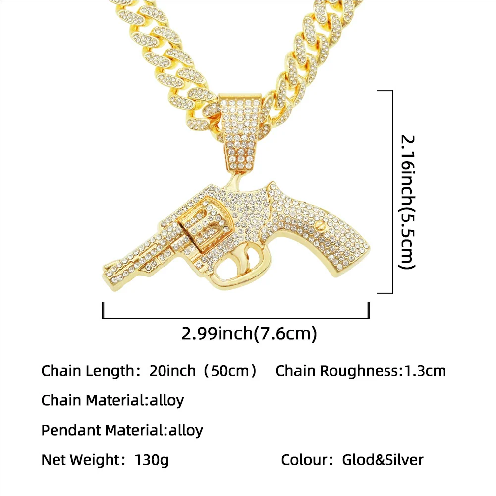 Alloy Hip Hop Geometric Diamond Gun Pendant Cuban Chain Necklace For Hipster Street Dance Motorcycle Wear Accessories - Image 2